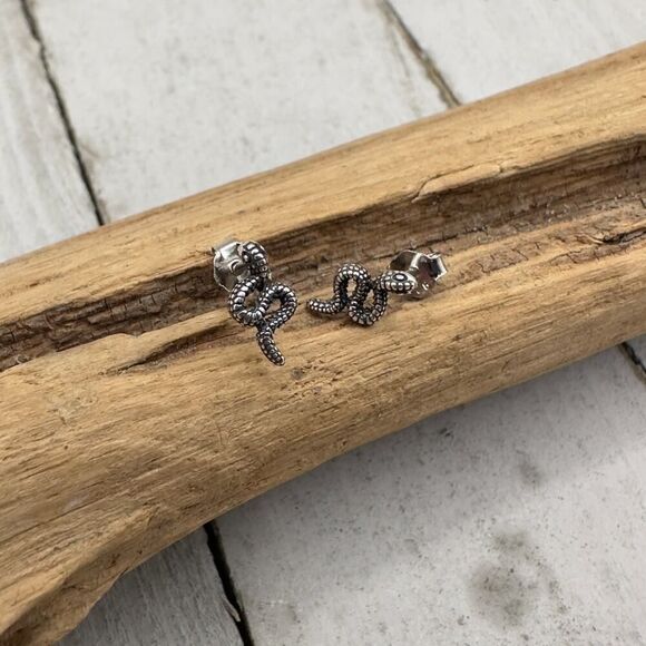 Minimalist Sterling Silver Snake Stud Earrings - Picture 6 of 6